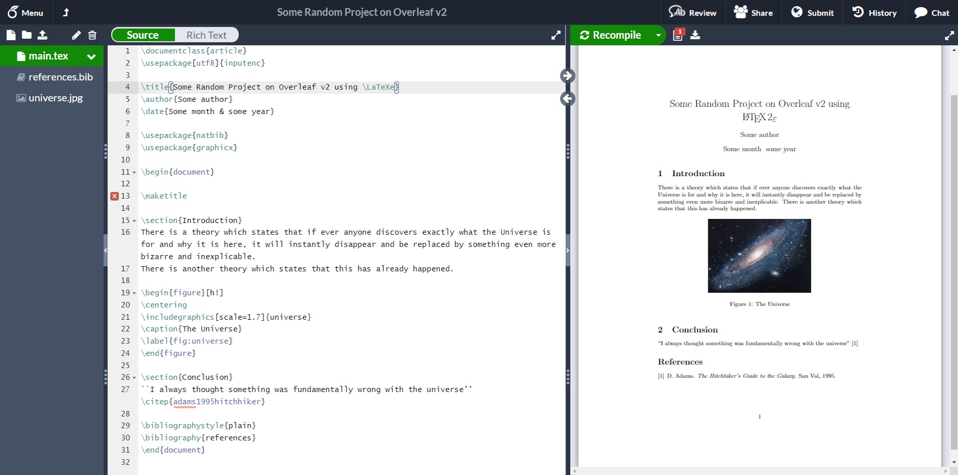 A screenshot of overleaf showing the source TeX on the left hand side and the corresponding pdf on the right hand side. Screenshot by Dan Cherniy via Wikimedia Commons at w.wiki/omo